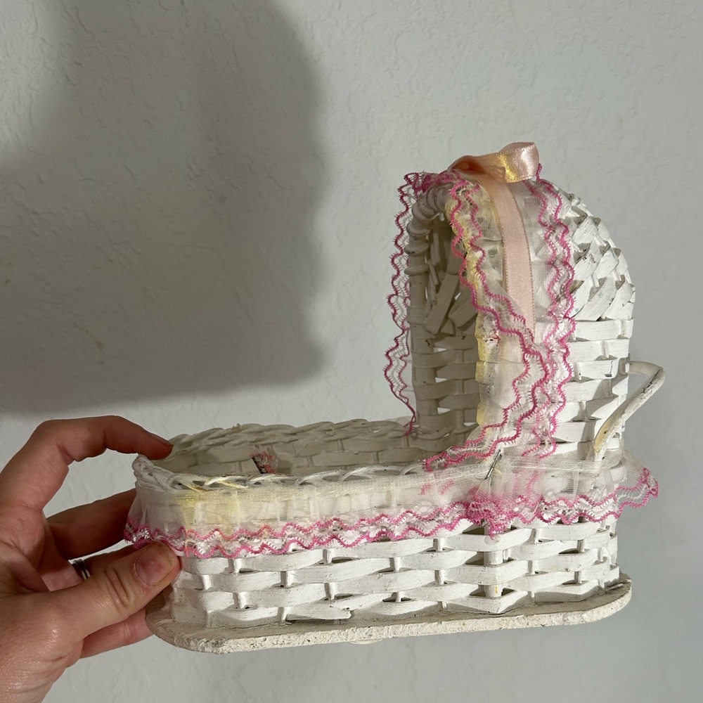 Vintage baby shower- baby girl crib- white pink wooden - floral centerpiece.